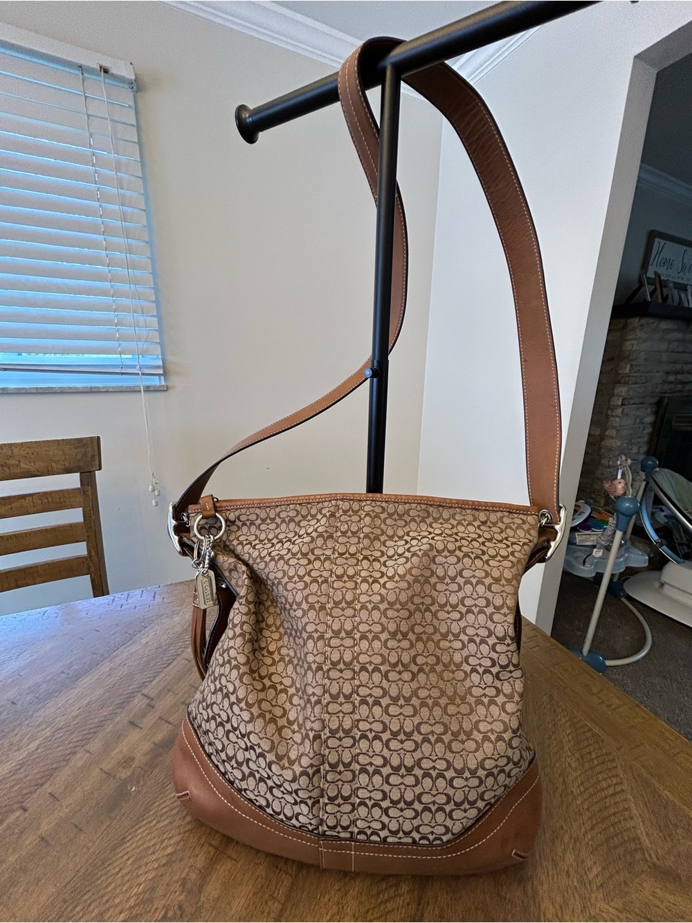 Coach Brown Signature Canvas Shoulder Bag with Tan Leather Trim